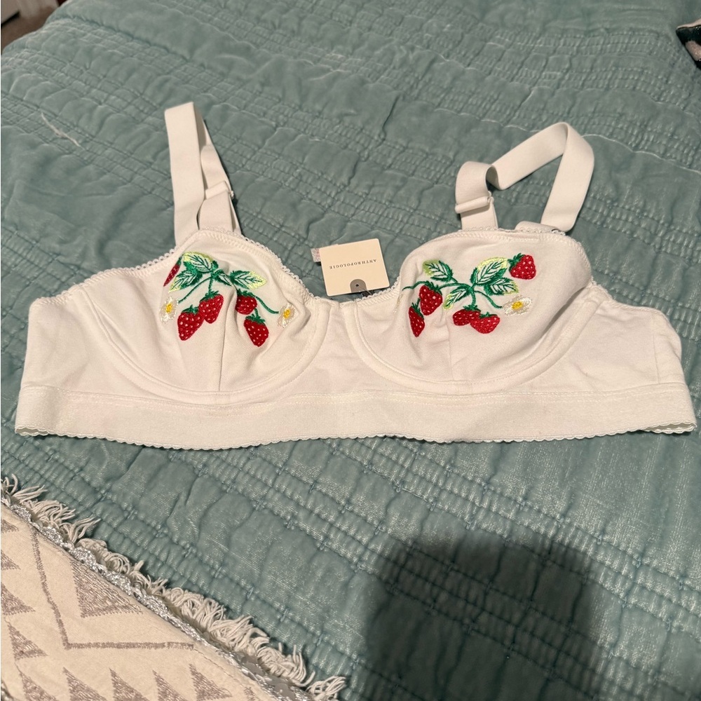 Anthropologie White Bra with Embroidered Red Strawberries